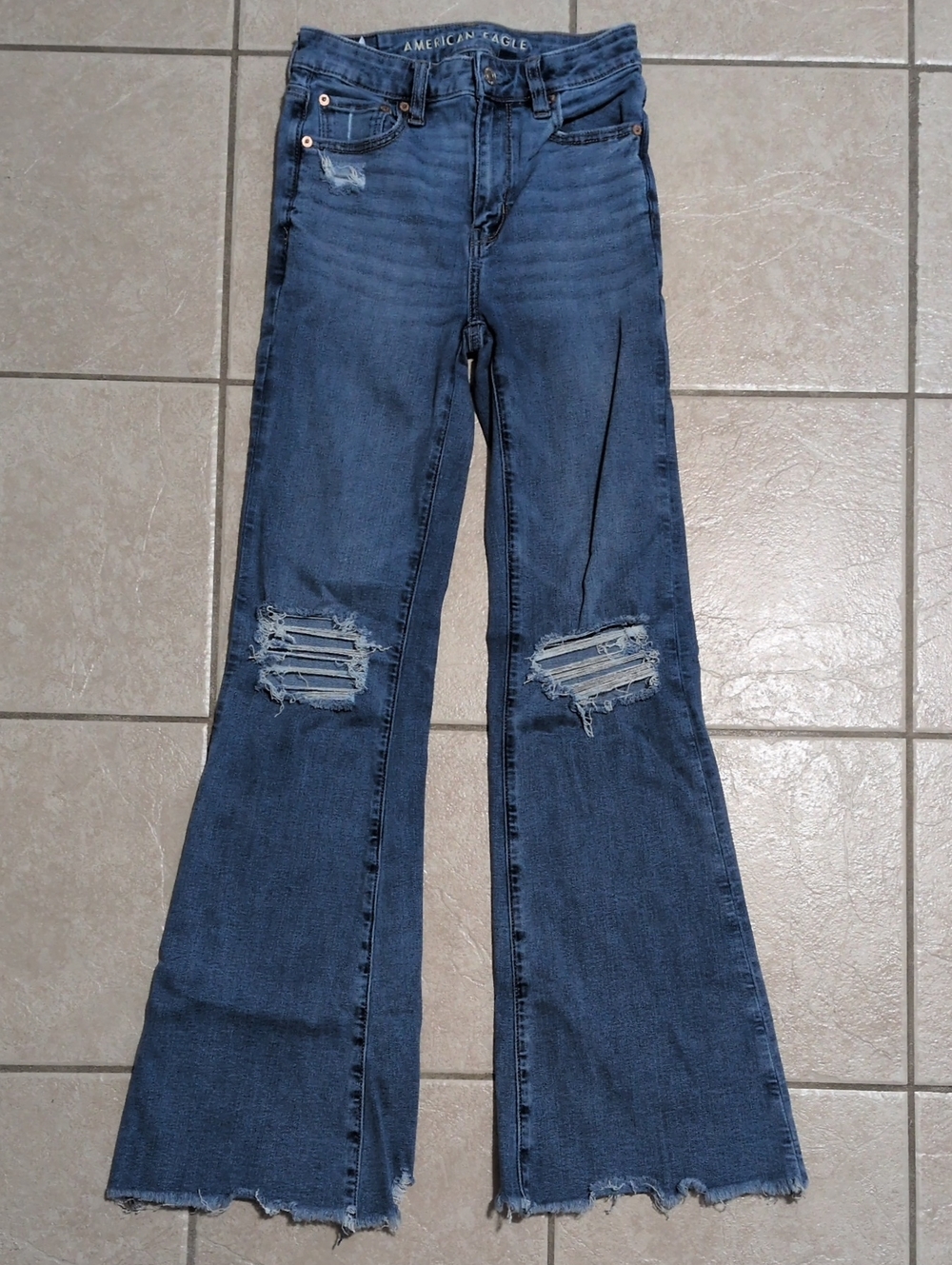 American Eagle Outfitters Dark Blue Distressed Flare Jeans